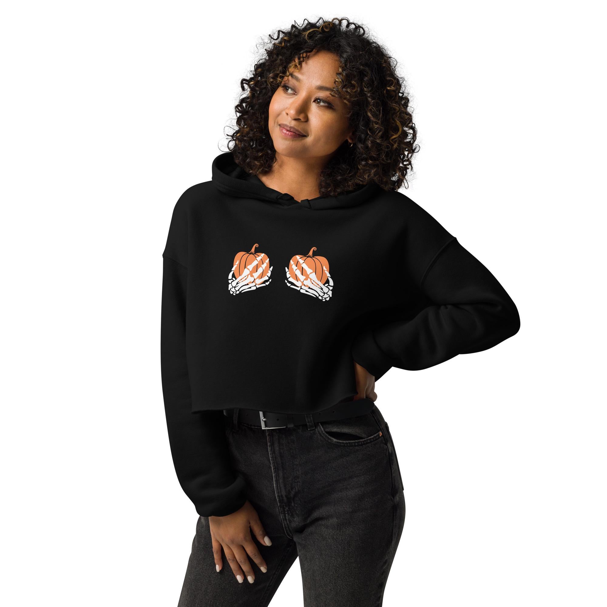 Spooky Pumpkin Boob Skeleton Hands Halloween Cropped Sweater