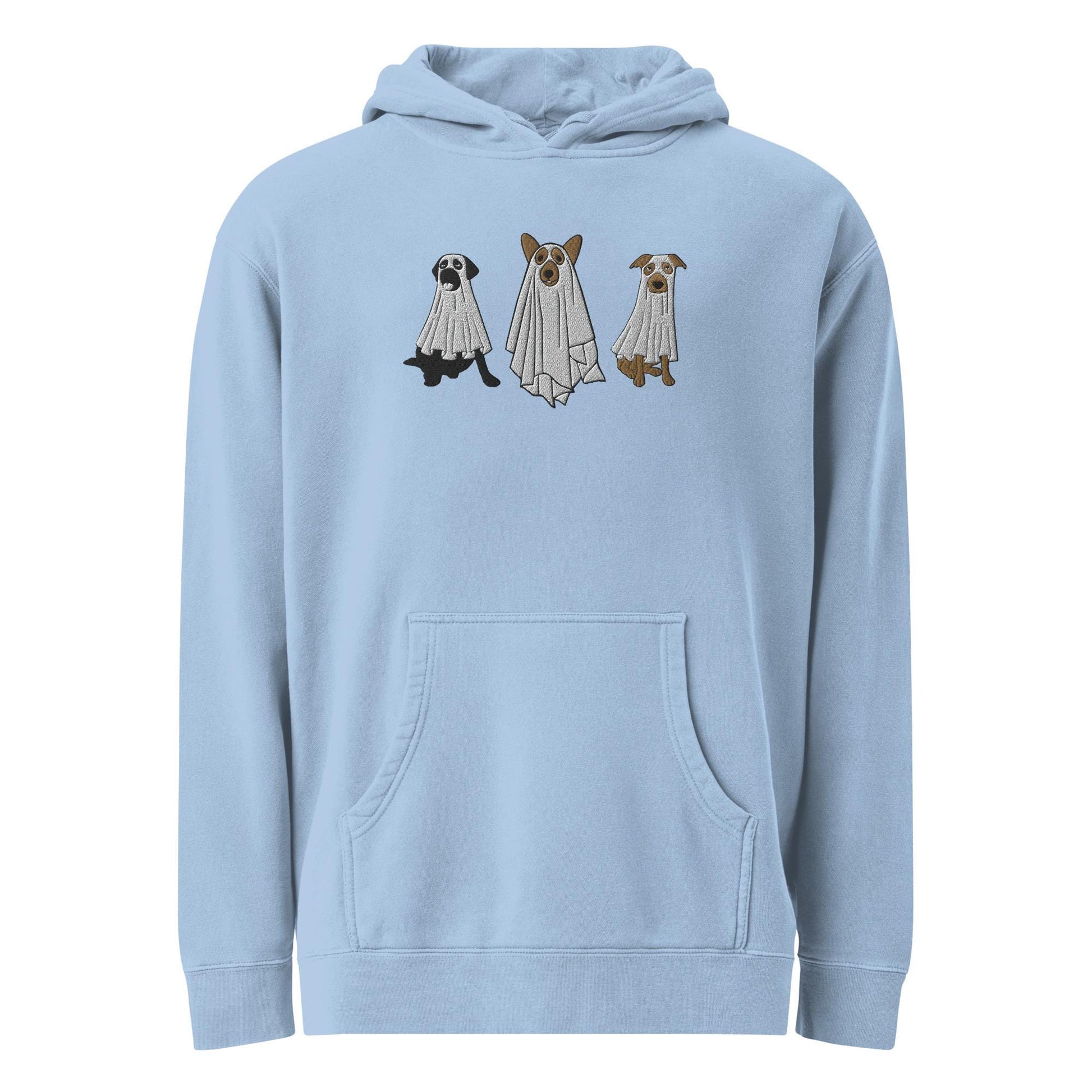 Embroidered Ghost Dog Oversized Unisex Hoodie – Quirky Pigment-Dyed Sweatshirt Funny Halloween Fall Sweater Dog Lover Holiday Gift