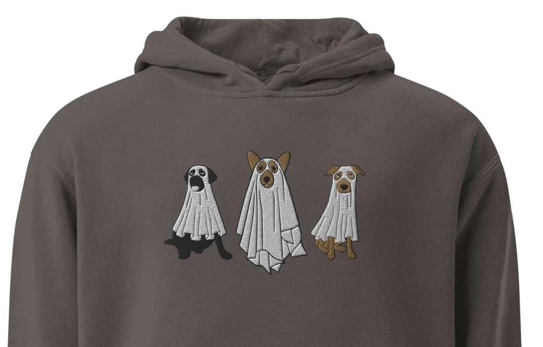 Embroidered Ghost Dog Oversized Unisex Hoodie – Quirky Pigment-Dyed Sweatshirt Funny Halloween Fall Sweater Dog Lover Holiday Gift