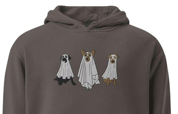 Embroidered Ghost Dog Oversized Unisex Hoodie – Quirky Pigment-Dyed Sweatshirt Funny Halloween Fall Sweater Dog Lover Holiday Gift